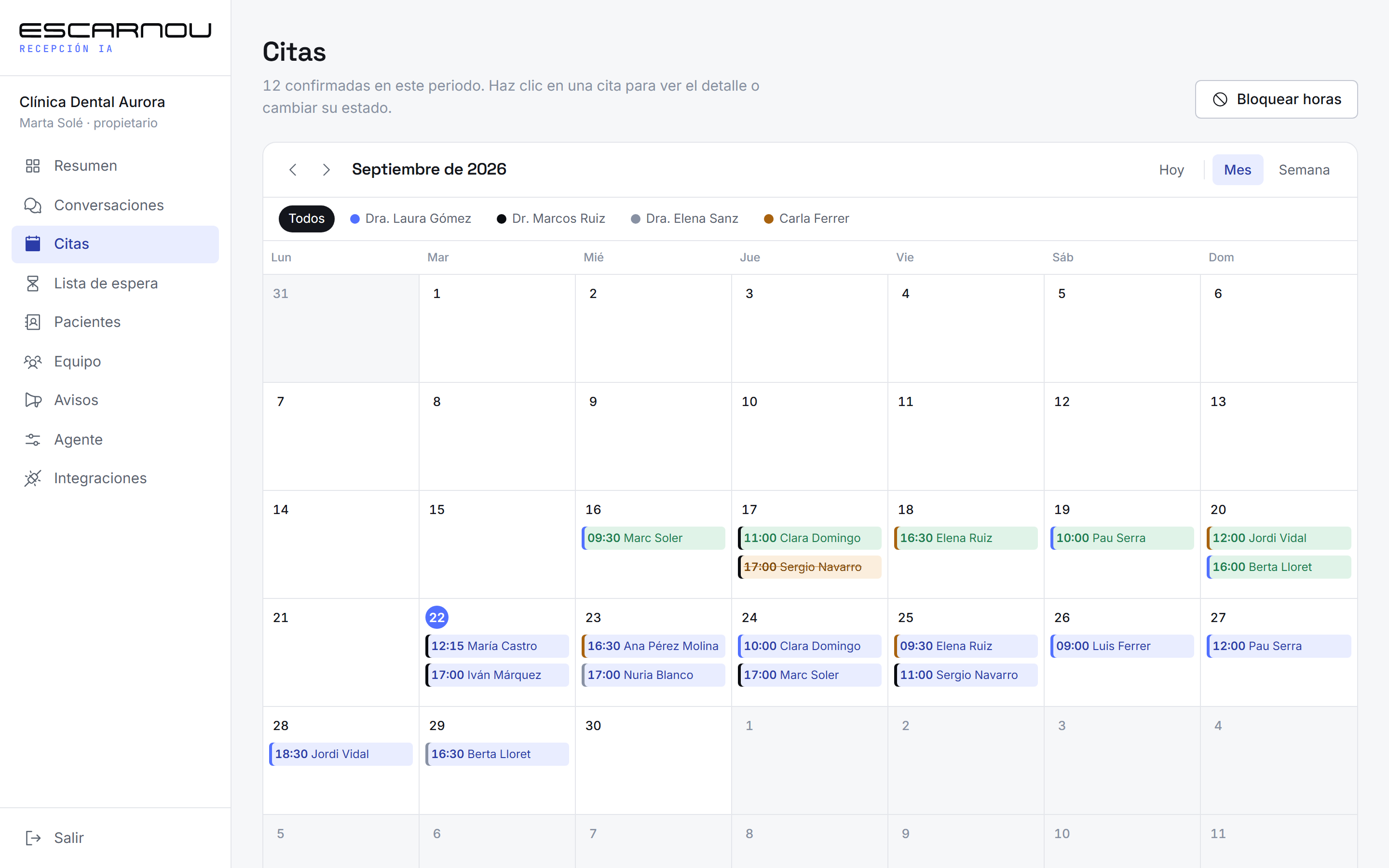 Calendari mensual amb les visites acolorides per especialista