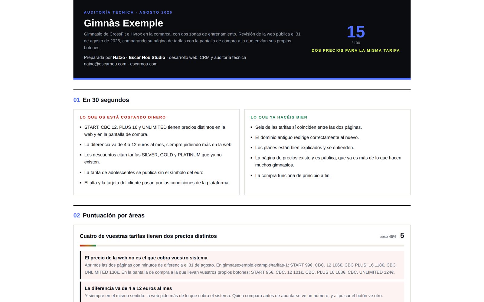 Primera página de un informe de auditoría web con su puntuación y los hallazgos